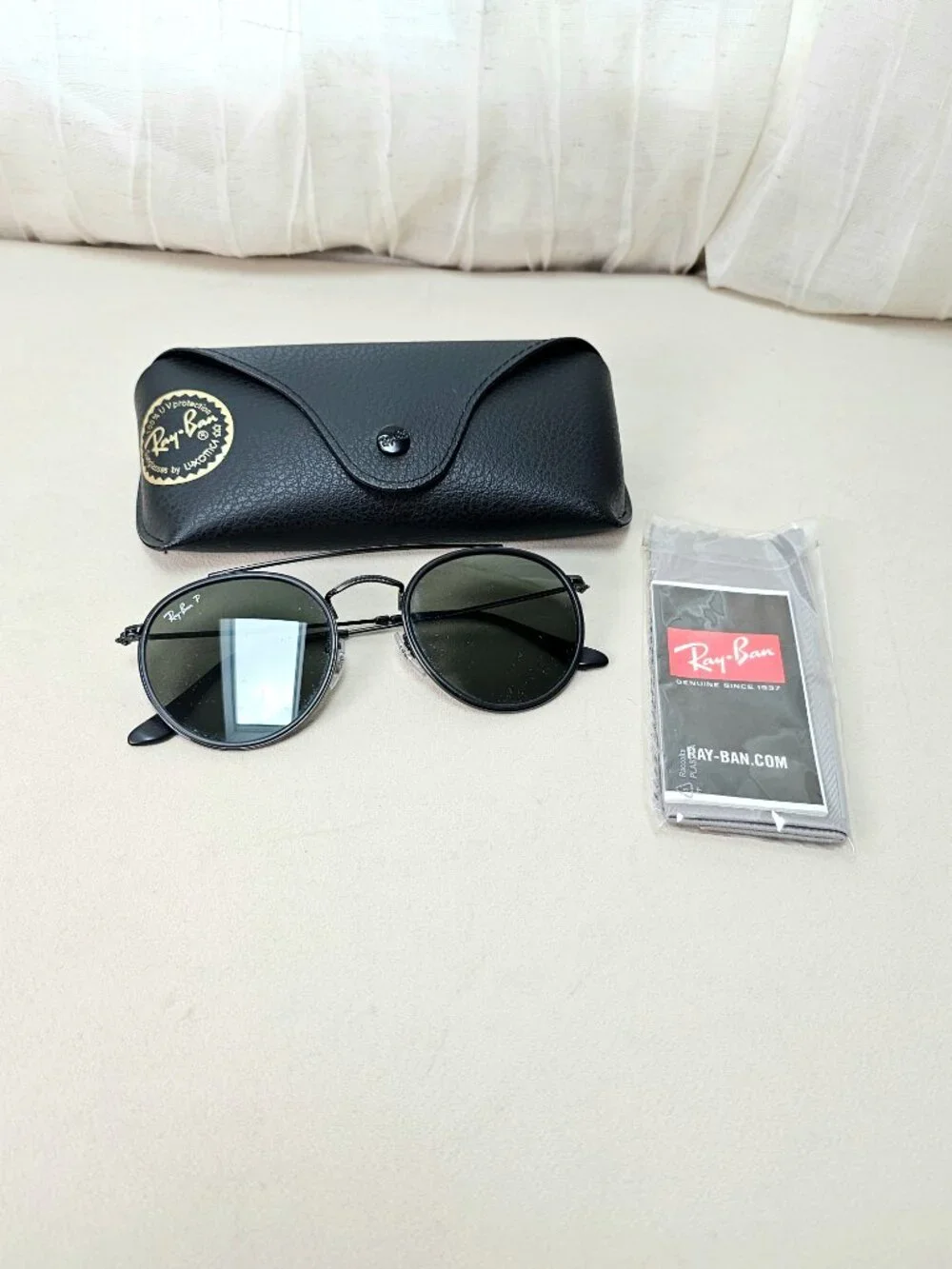 Ray-Ban Round Double Bridge Sunglasses RB3647N Black Frame Green Lenses w/ Case - Picture 2 of 9